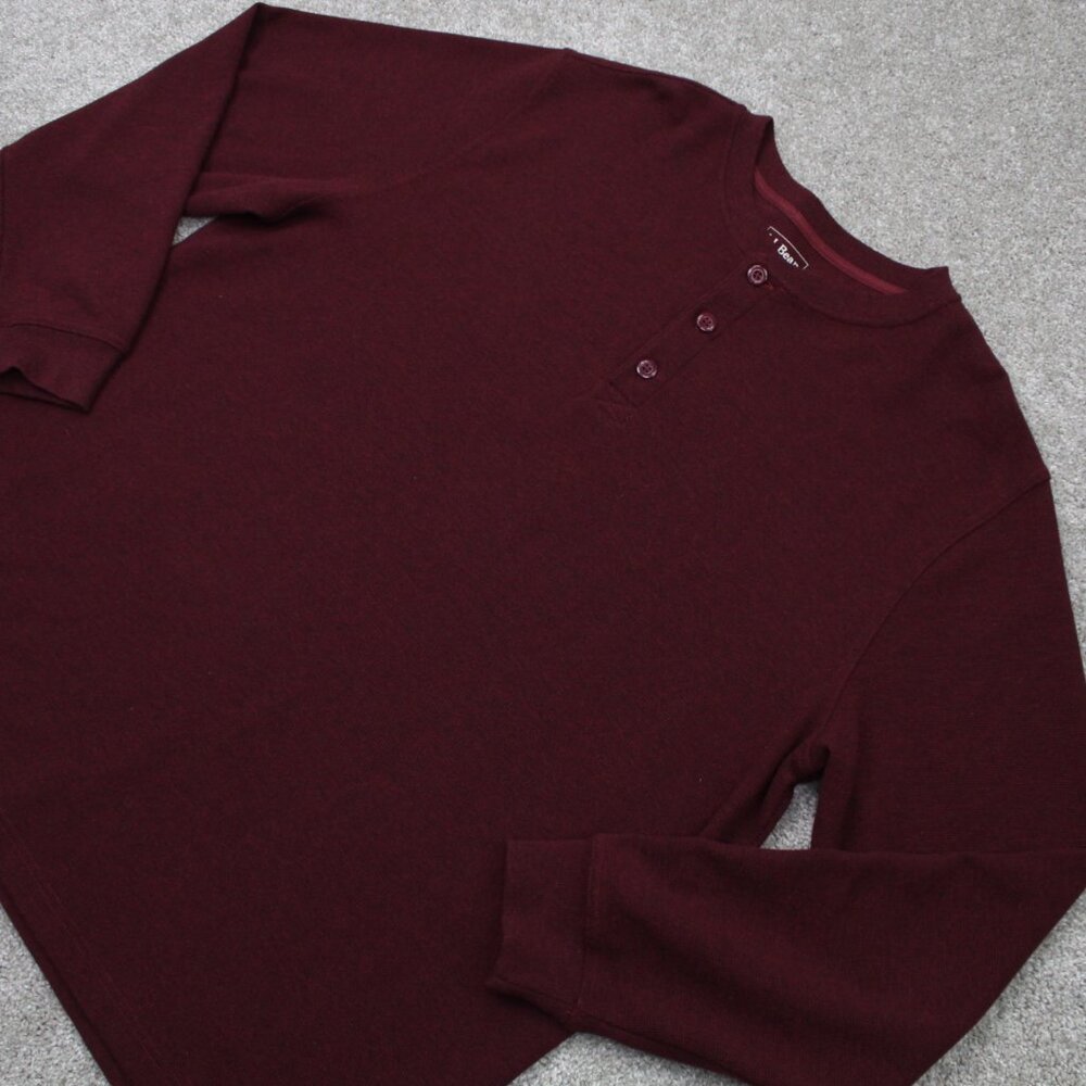 L.L. Bean Henley Shirt Mens XL Red Unshrinkable Mini Waffle Long Sleeve Pullover - Picture 3 of 12